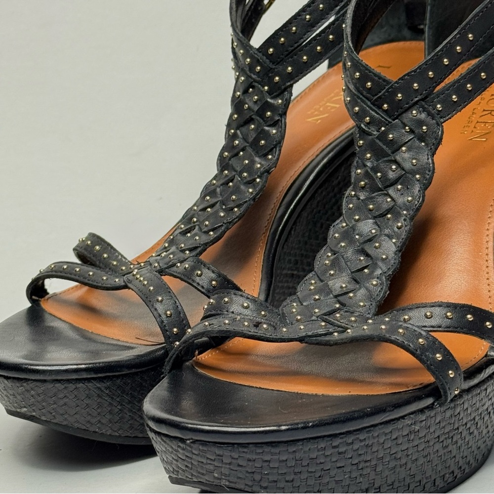 Lauren Ralph Lauren Braided Leather Black Gold Studded Wedges Women’s Size 9.5